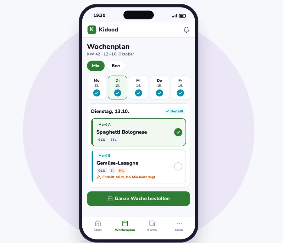 Wochenplan in der Eltern-App: Für Mia sind alle Tage bestellt, beim Gericht mit Milch steht ein Allergie-Hinweis.