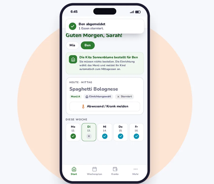 Eltern-App mit dem Hinweis, dass die Kita für Ben bestellt; Ben ist für heute abgemeldet.